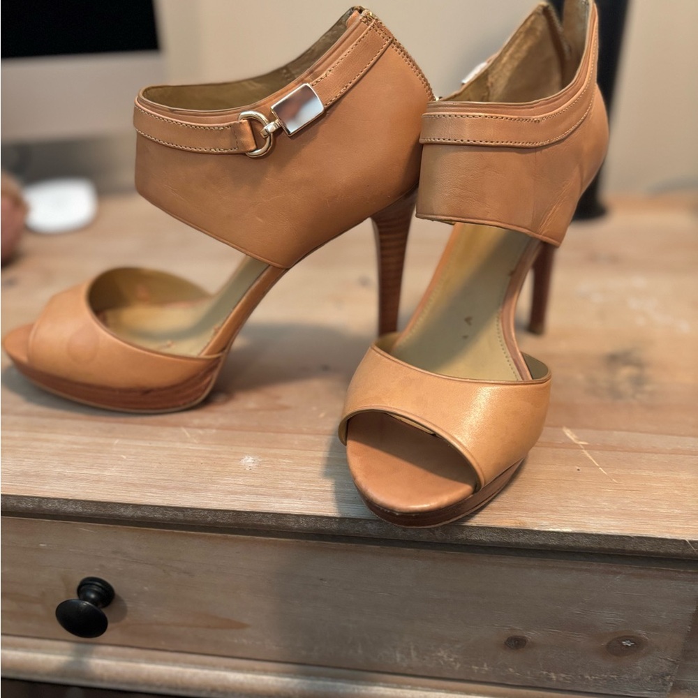 Coach Camel Leather Peep-Toe Heels